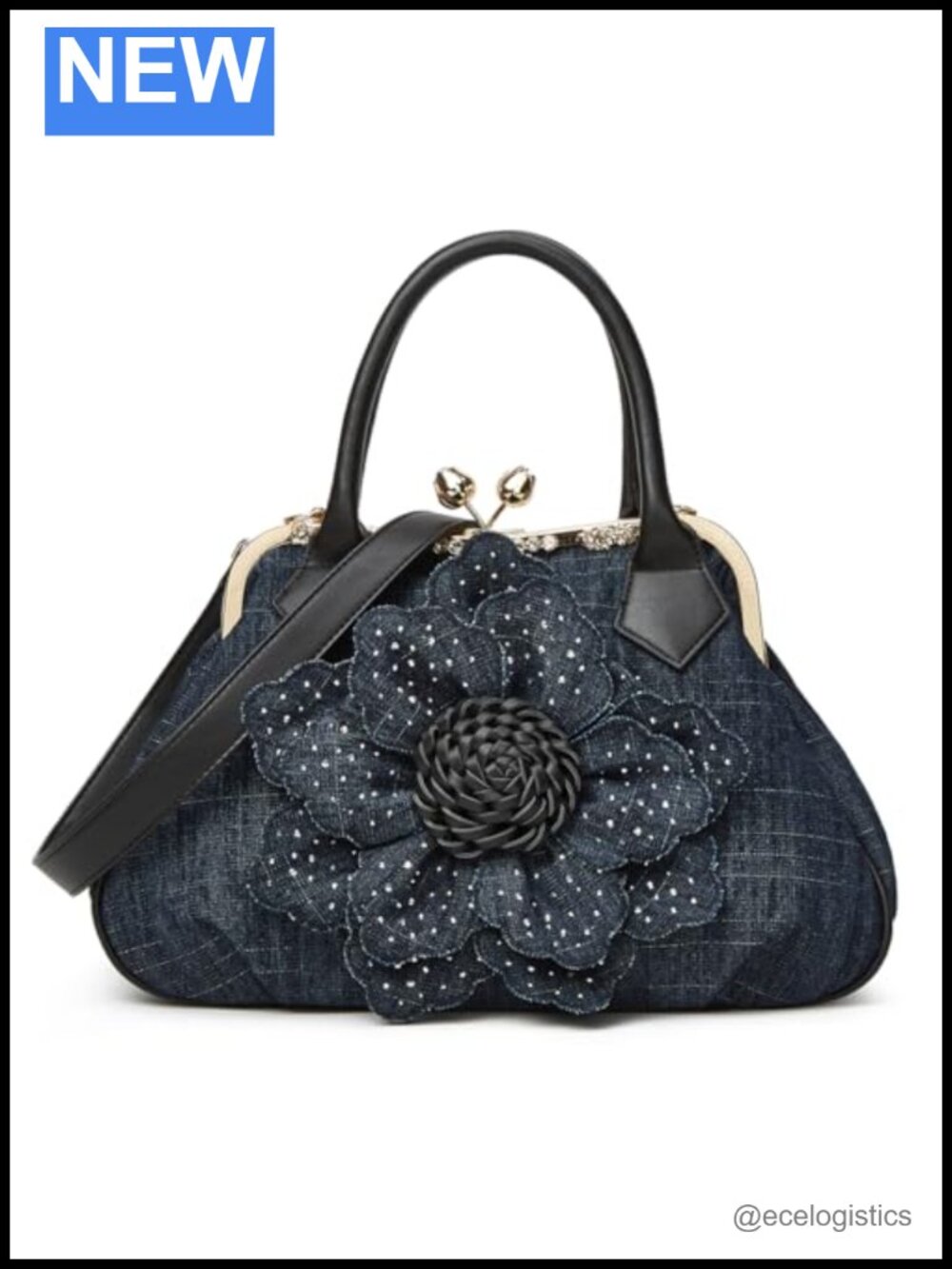 Denim Kiss Lock Tote Handbag Rhinestone Floral Clutch Crossbody Shoulder Bag